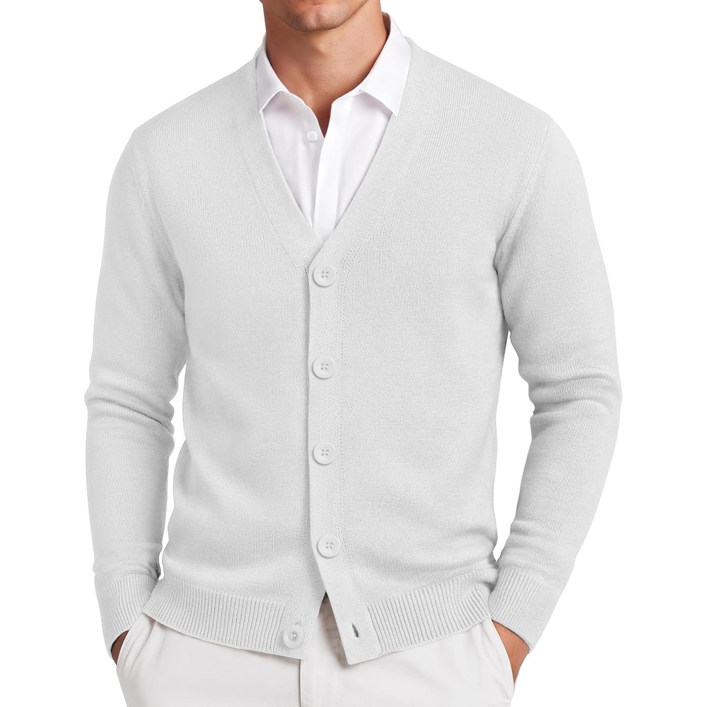 image:imageCOOFANDY Mens Cardigan Sweater Long Sleeve Lightweight V Neck Knit Cardigan  Button Down Knitted Light Weight Ribbed Hem Stretch Soft Classic Fit Casual Dress Business Men CardigansWhite