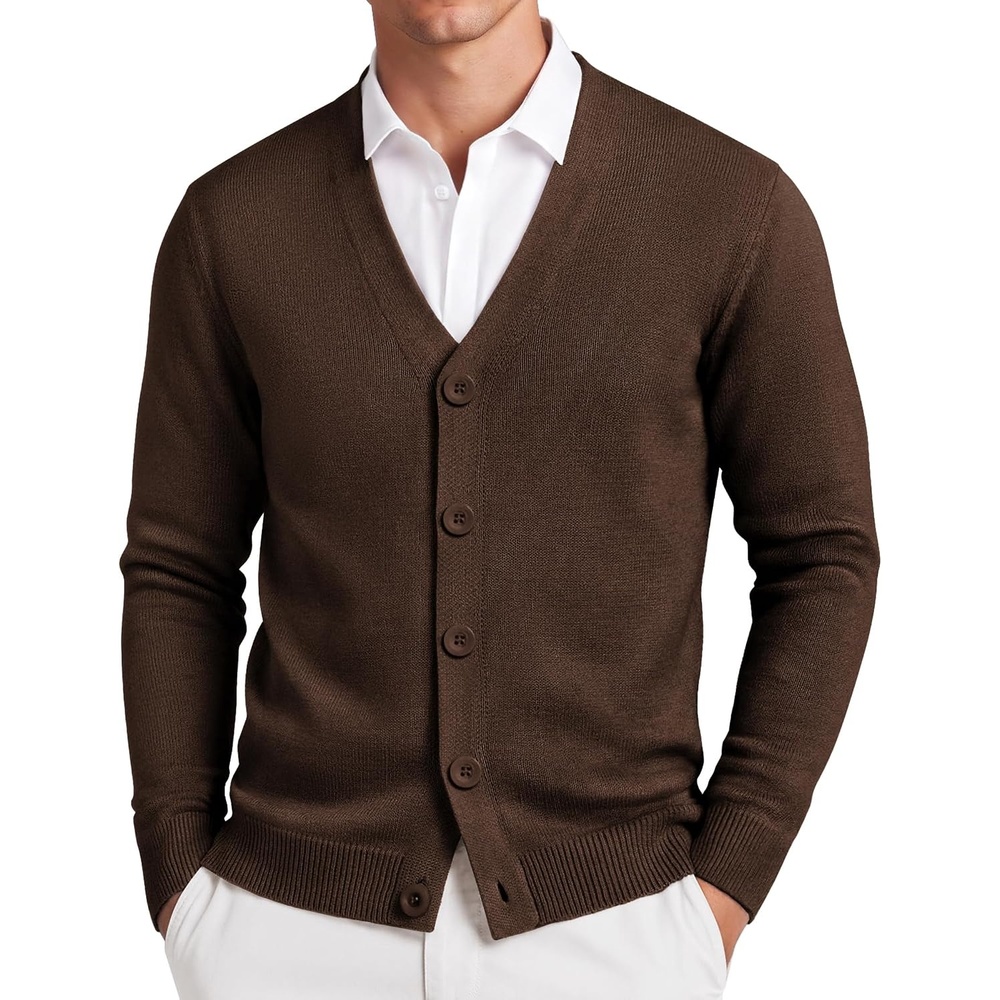 image:imageCOOFANDY Mens Cardigan Sweater Long Sleeve Lightweight V Neck Knit Cardigan  Button Down Knitted Light Weight Ribbed Hem Stretch Soft Classic Fit Casual Dress Business Men CardigansBrown