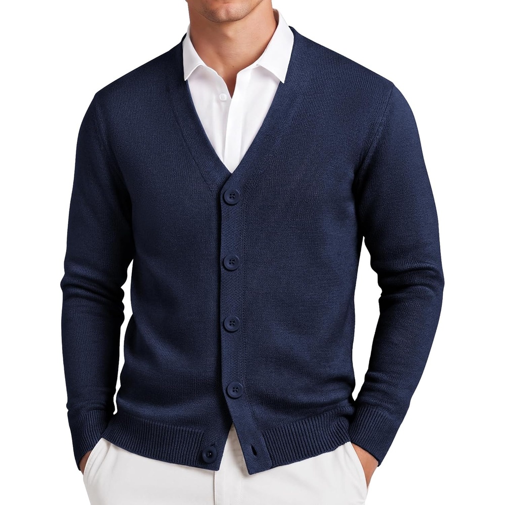 image:imageCOOFANDY Mens Cardigan Sweater Long Sleeve Lightweight V Neck Knit Cardigan  Button Down Knitted Light Weight Ribbed Hem Stretch Soft Classic Fit Casual Dress Business Men CardigansNavy Blue