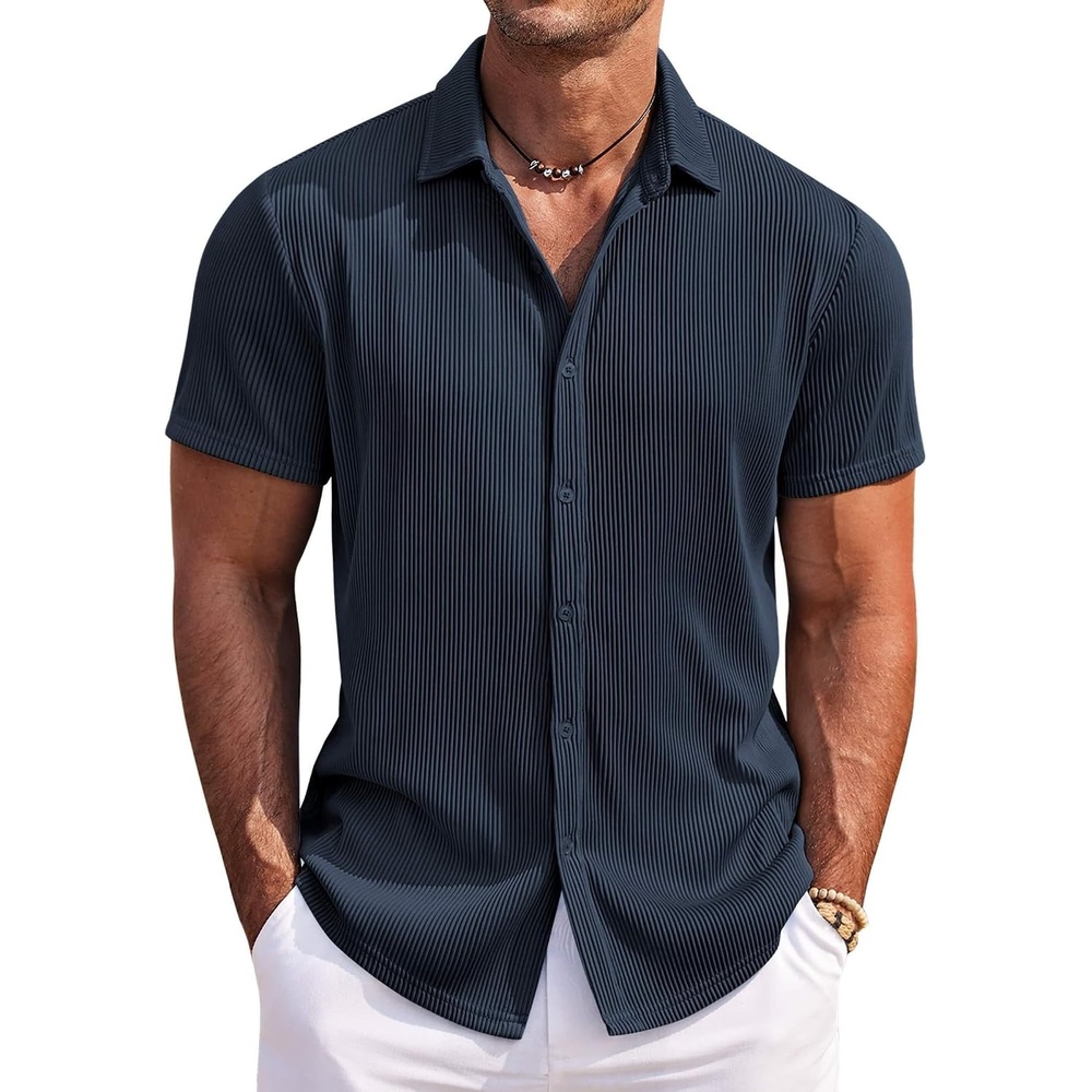image:imageCOOFANDY Mens Casual Button Down Shirts for Men Short Sleeve Summer Beach Shirt for Men Navy Blue
