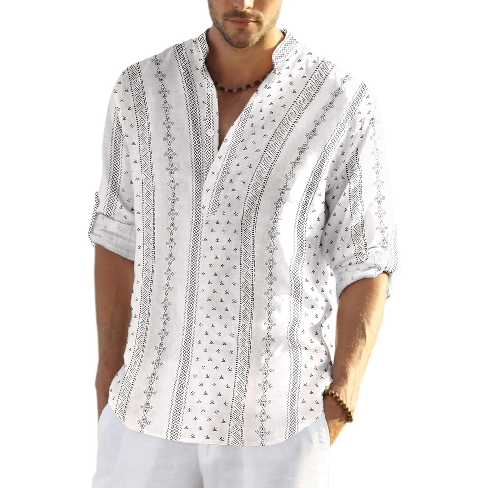 image:imageCOOFANDY Mens Cotton Linen Henley TShirts Long Sleeve Casual Beach Shirts Mens Linen ShirtRegular Relaxed FitLightweightBreathableand Moisturewicking for BeachVacation or Everyday Summer WearWhiteBlack Patterned