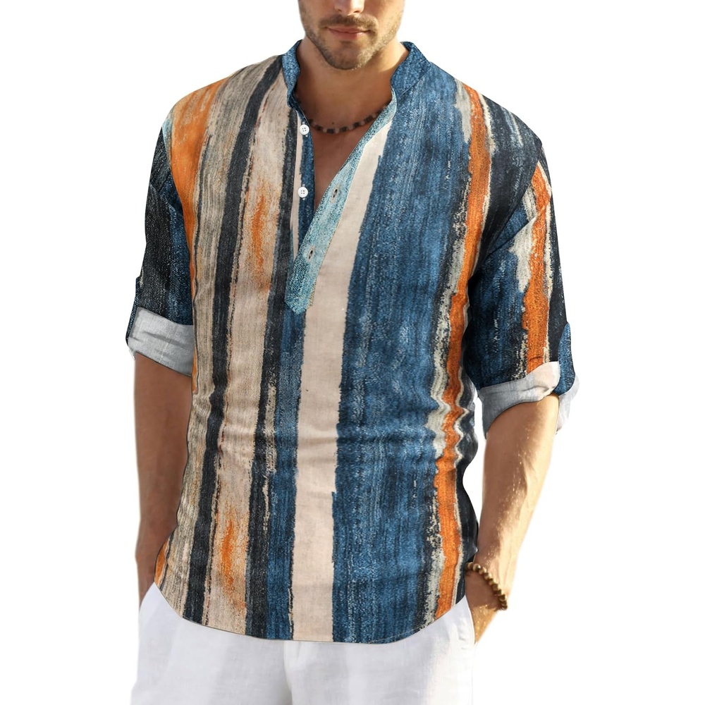 image:imageCOOFANDY Mens Cotton Linen Henley TShirts Long Sleeve Casual Beach Shirts Mens Linen ShirtRegular Relaxed FitLightweightBreathableand Moisturewicking for BeachVacation or Everyday Summer WearPainting