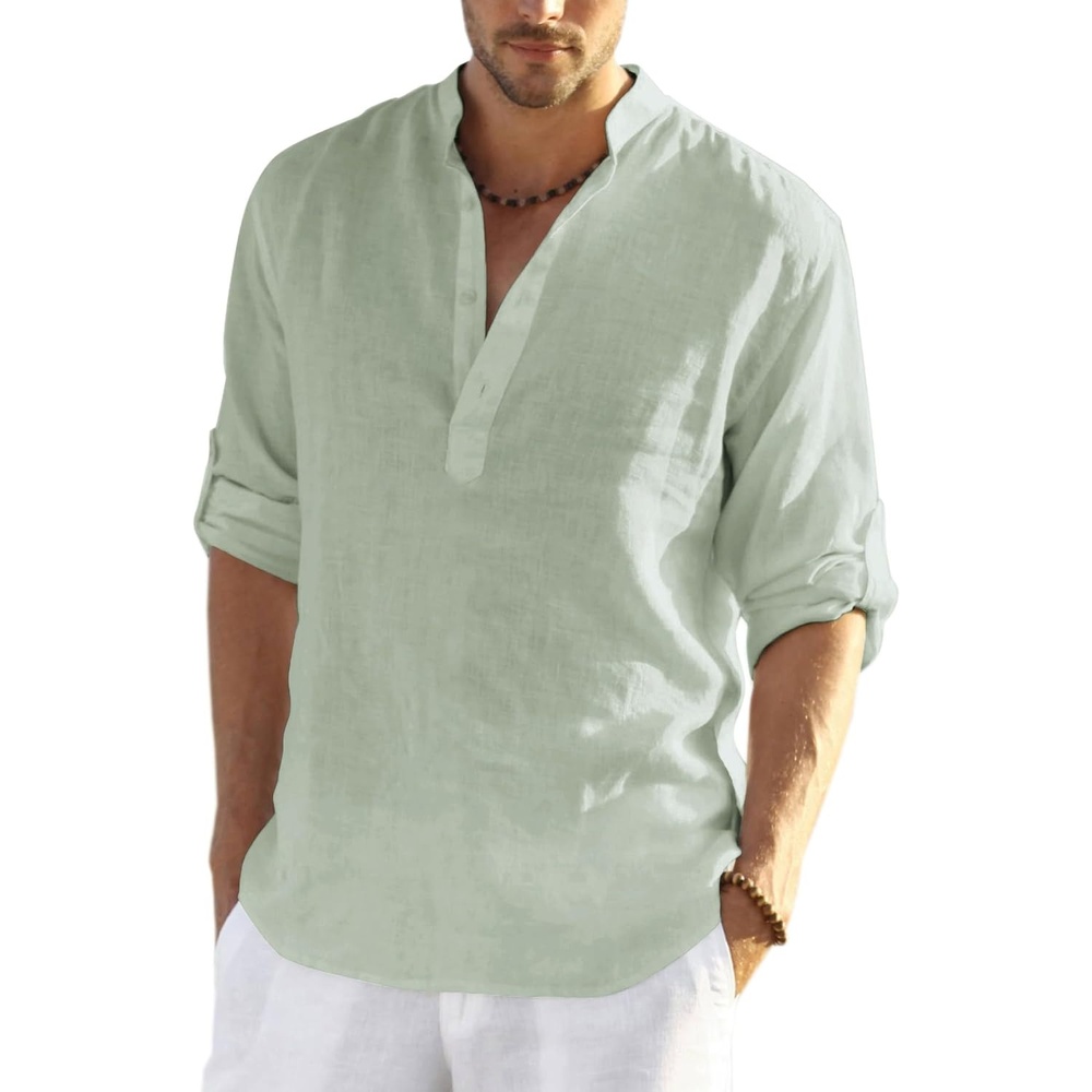 image:imageCOOFANDY Mens Cotton Linen Henley TShirts Long Sleeve Casual Beach Shirts Mens Linen ShirtRegular Relaxed FitLightweightBreathableand Moisturewicking for BeachVacation or Everyday Summer WearLight Green