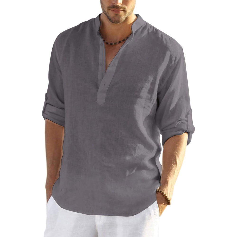 image:imageCOOFANDY Mens Cotton Linen Henley TShirts Long Sleeve Casual Beach Shirts Mens Linen ShirtRegular Relaxed FitLightweightBreathableand Moisturewicking for BeachVacation or Everyday Summer WearDark Gray