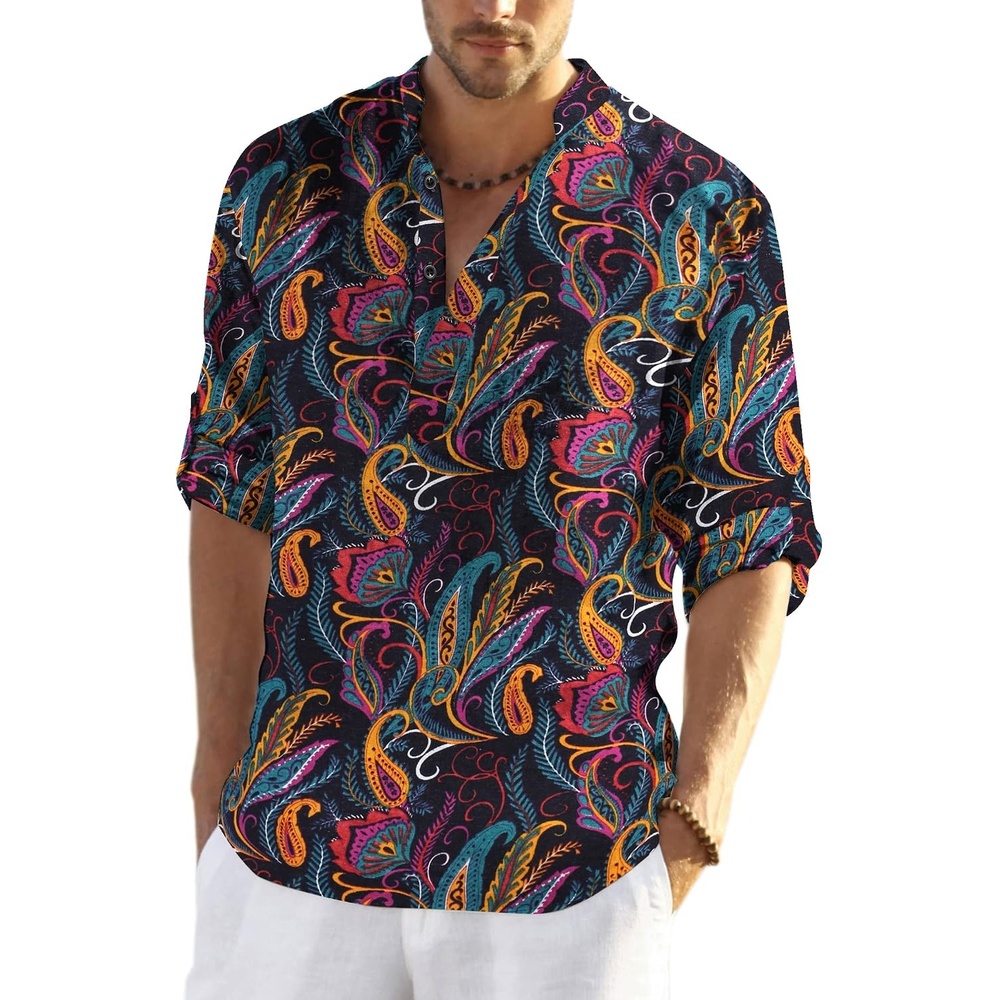image:imageCOOFANDY Mens Cotton Linen Henley TShirts Long Sleeve Casual Beach Shirts Mens Linen ShirtRegular Relaxed FitLightweightBreathableand Moisturewicking for BeachVacation or Everyday Summer WearBlack Paisley