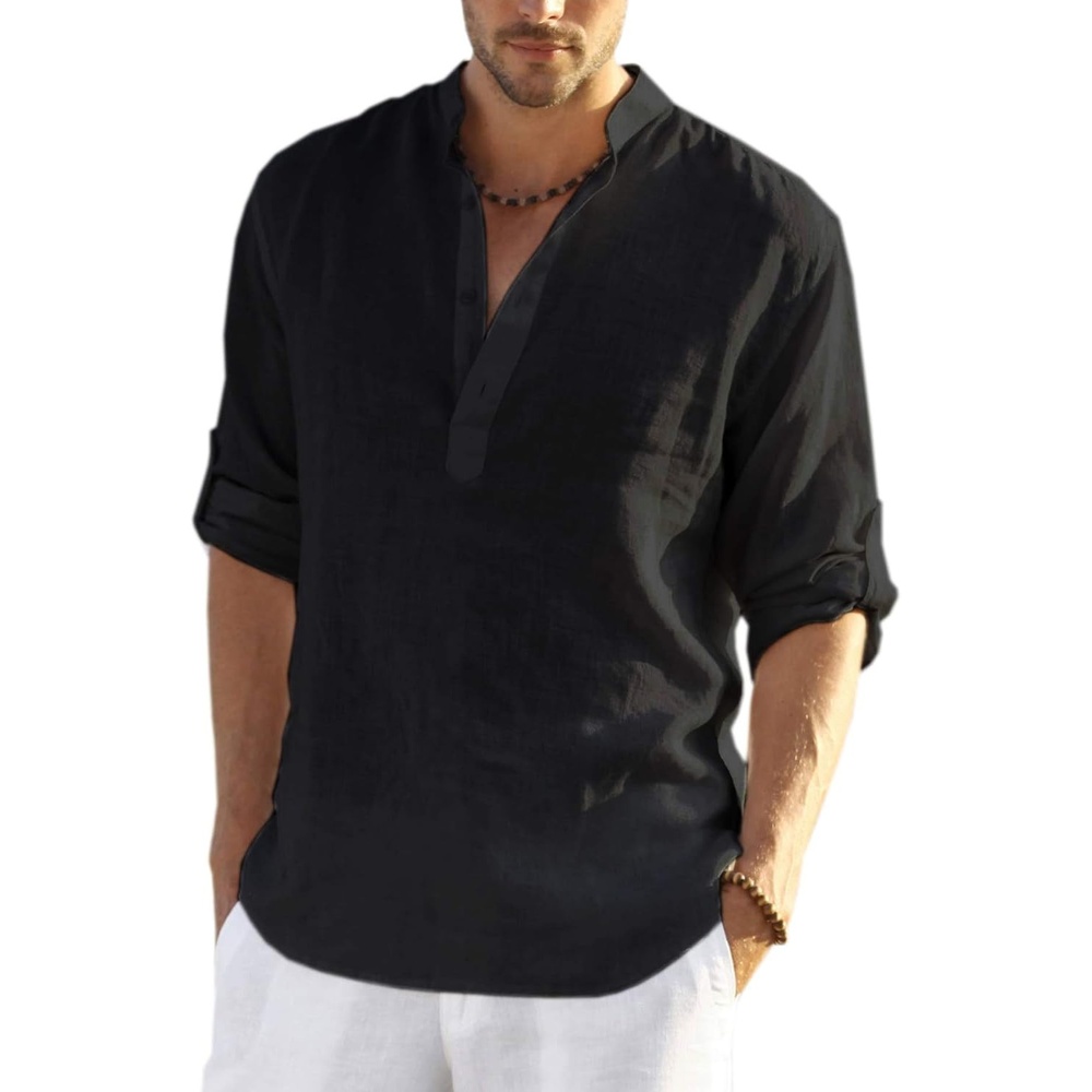 image:imageCOOFANDY Mens Cotton Linen Henley TShirts Long Sleeve Casual Beach Shirts Mens Linen ShirtRegular Relaxed FitLightweightBreathableand Moisturewicking for BeachVacation or Everyday Summer WearBlack