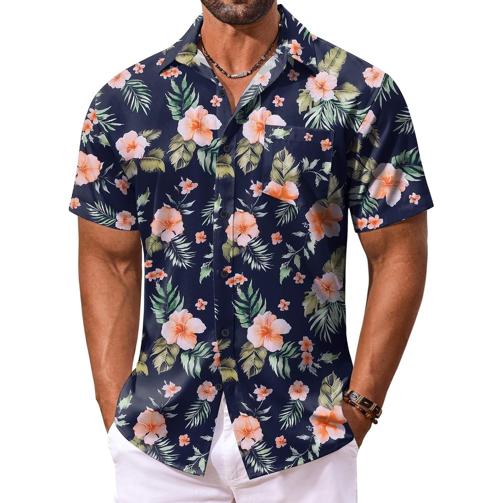 image:imageCOOFANDY Mens Hawaiian Shirt Short Sleeve Summer Button Down Shirts Tropical Vacation Beach Aloha Shirts with PocketNavy  Pink Floral
