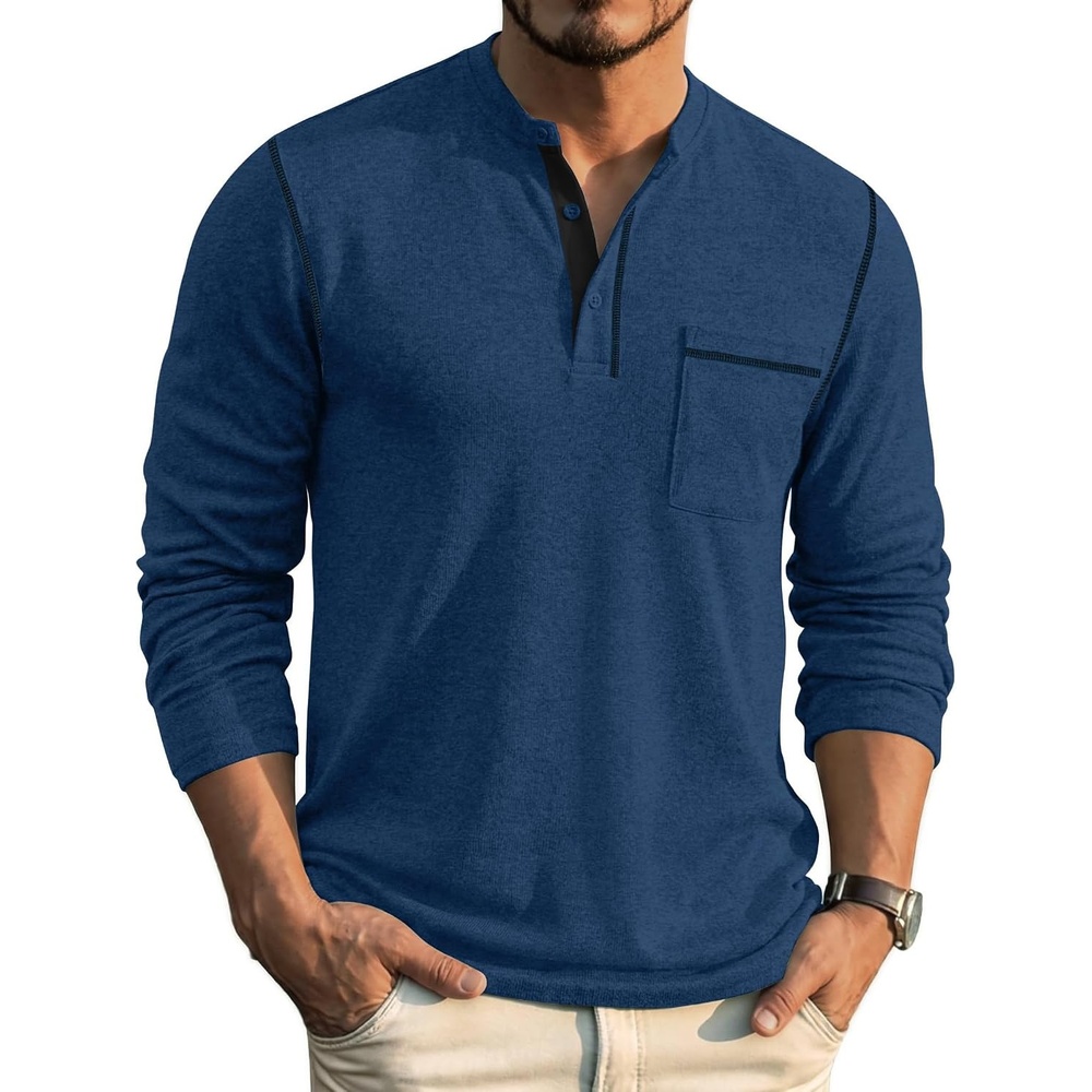 image:imageCOOFANDY Mens Henley Long Sleeve Shirts Casual Button TShirt Pullover Basic Tees with PocketLight Navy