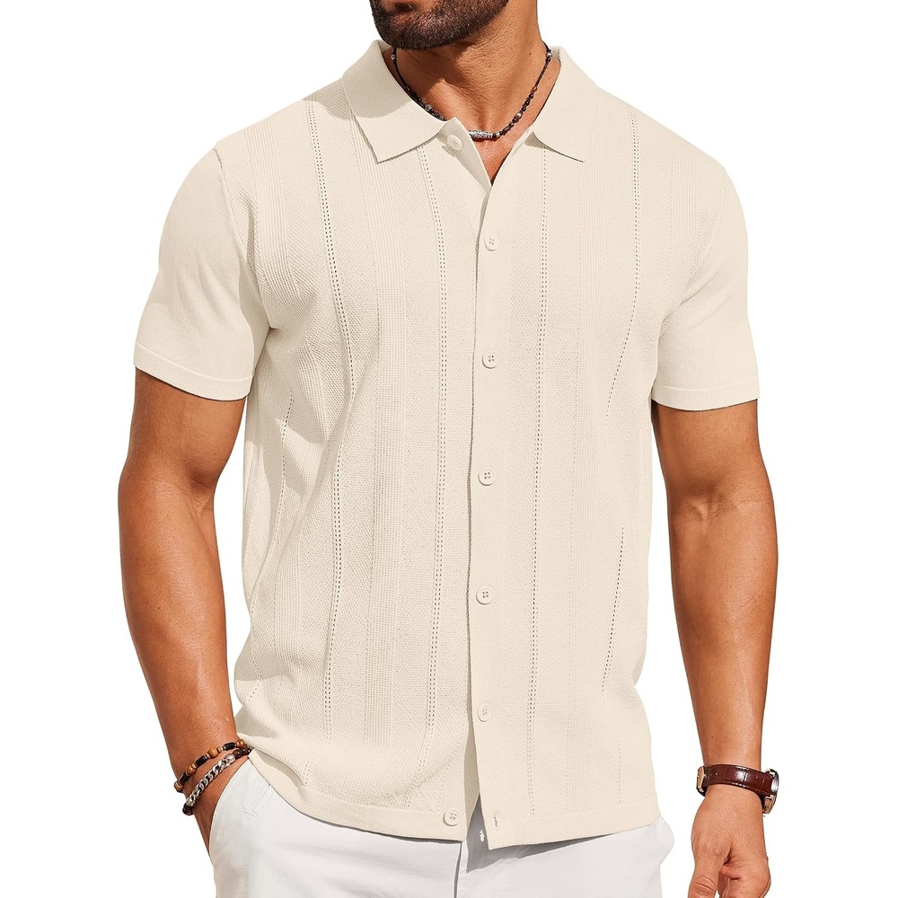 image:imageCOOFANDY Mens Knit Short Sleeve Button Down Polo Shirts Knit ShirtVintage Casual ShirtsSummer Beach VacationBreathable Soft Knit TextureButton Up ShirtsBeige