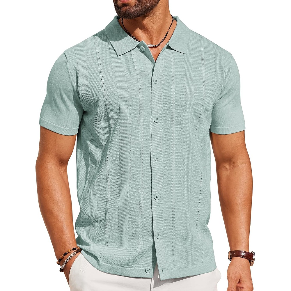 image:imageCOOFANDY Mens Knit Short Sleeve Button Down Polo Shirts Knit ShirtVintage Casual ShirtsSummer Beach VacationBreathable Soft Knit TextureButton Up ShirtsIce Green