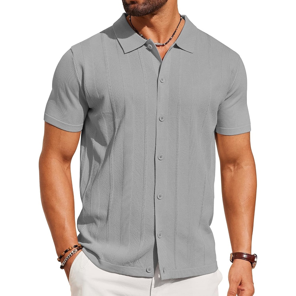 image:imageCOOFANDY Mens Knit Short Sleeve Button Down Polo Shirts Knit ShirtVintage Casual ShirtsSummer Beach VacationBreathable Soft Knit TextureButton Up ShirtsLight Grey