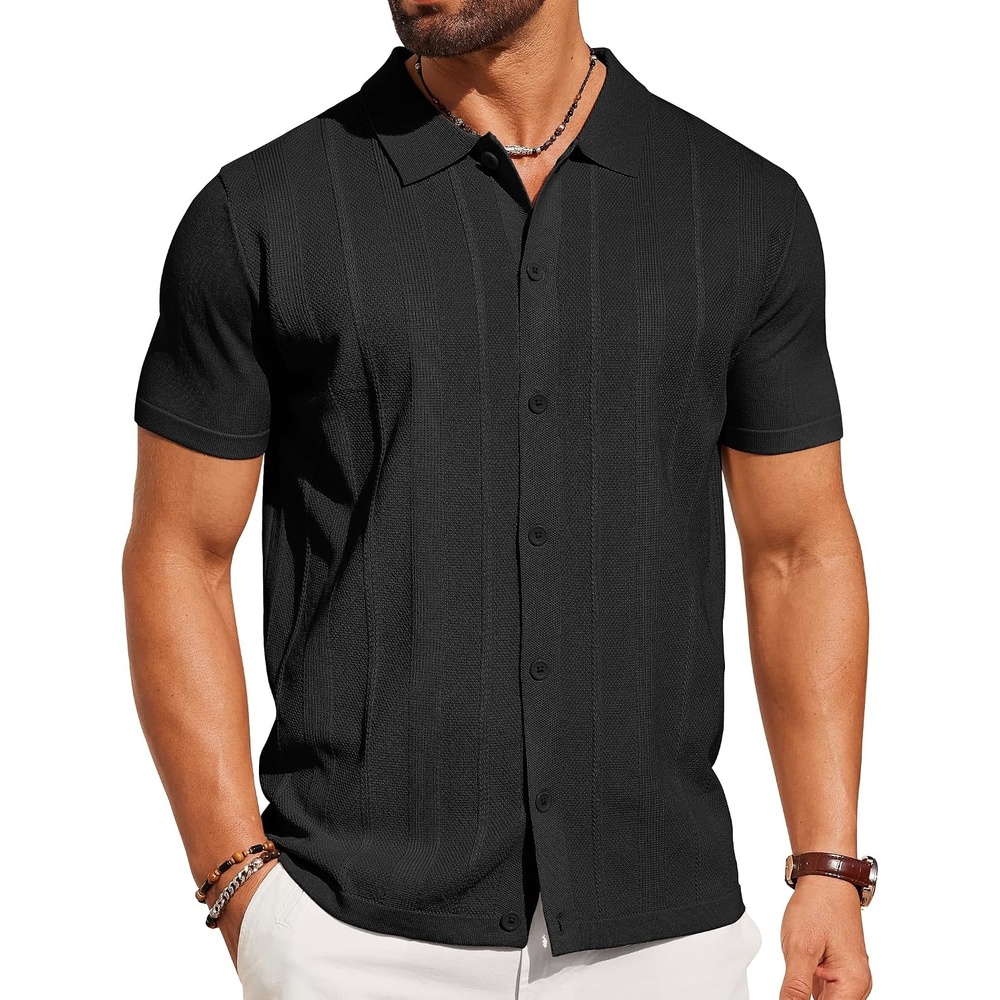 image:imageCOOFANDY Mens Knit Short Sleeve Button Down Polo Shirts Knit ShirtVintage Casual ShirtsSummer Beach VacationBreathable Soft Knit TextureButton Up ShirtsBlack