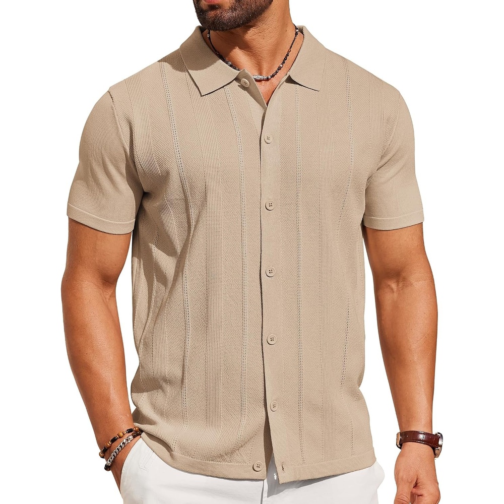 image:imageCOOFANDY Mens Knit Short Sleeve Button Down Polo Shirts Knit ShirtVintage Casual ShirtsSummer Beach VacationBreathable Soft Knit TextureButton Up ShirtsKhaki
