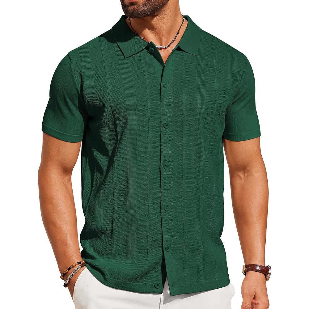 image:imageCOOFANDY Mens Knit Short Sleeve Button Down Polo Shirts Knit ShirtVintage Casual ShirtsSummer Beach VacationBreathable Soft Knit TextureButton Up ShirtsGreen