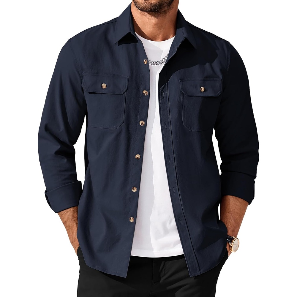 image:imageCOOFANDY Mens Long Sleeve Button Up Shirt Jacket with Flap PocketsNavy