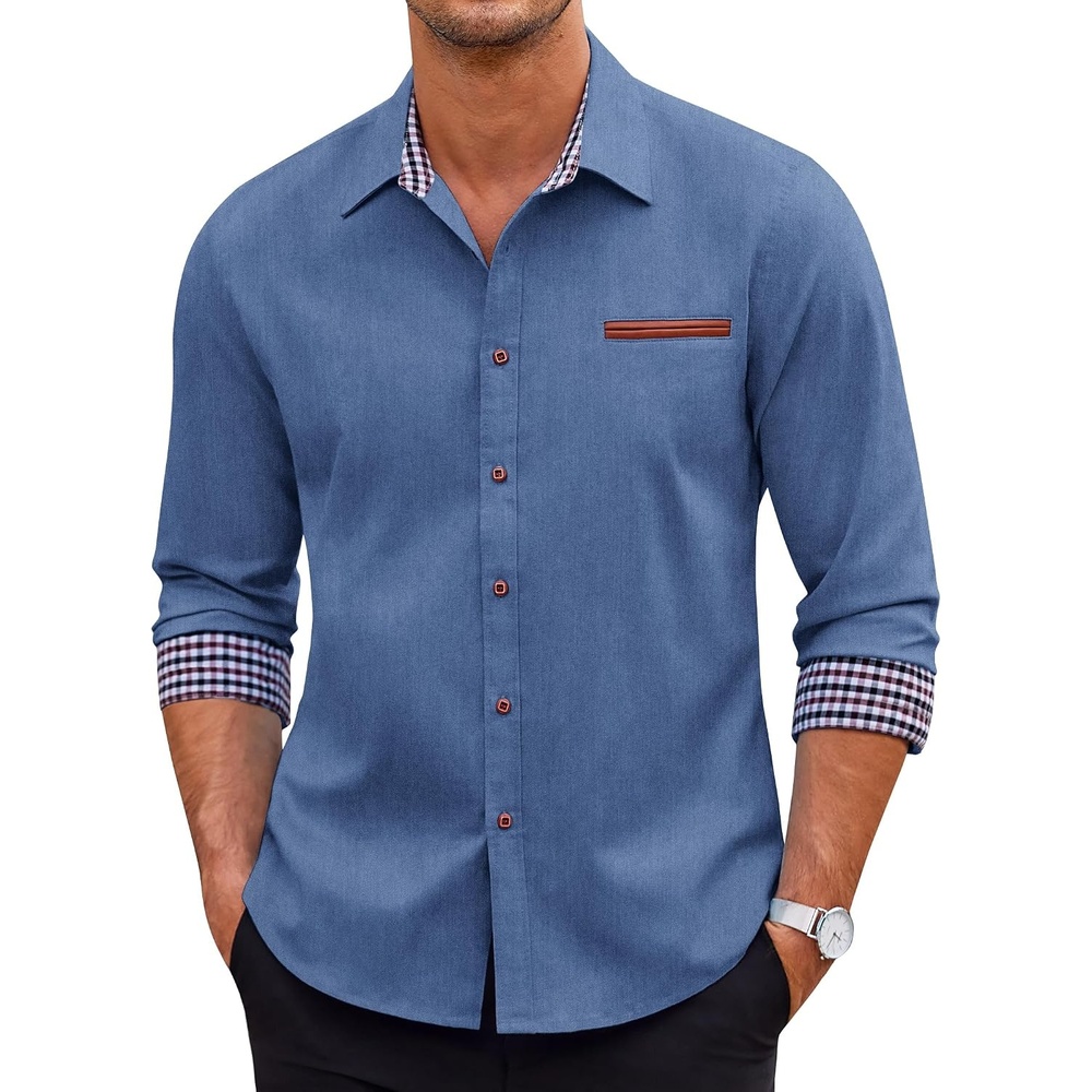 image:imageCOOFANDY Mens Long Sleeve Casual Button Down Shirts Untucked Shirts Plaid Collar Vintage Denim ShirtBlue