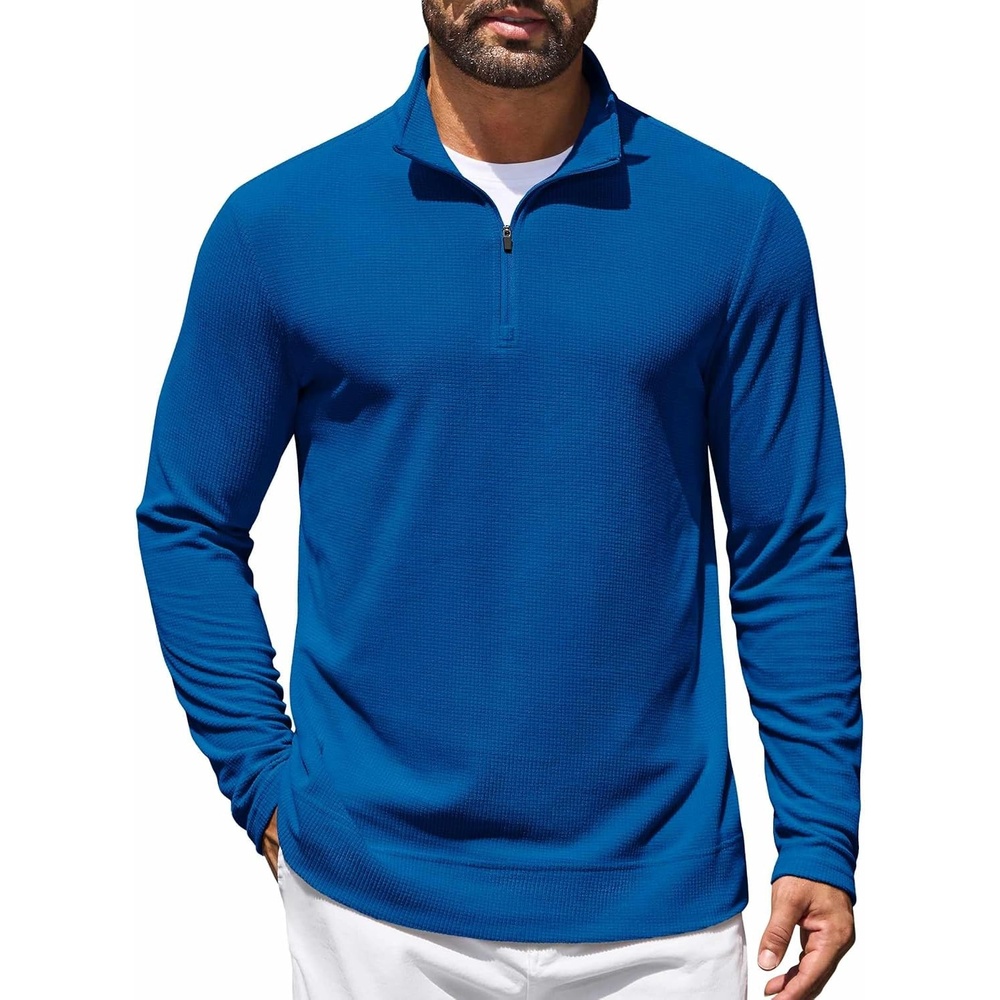 image:imageCOOFANDY Mens Quarter Zip Pullover Lightweight Waffle Mock Neck Sweatshirts 14 Zip Sweatshirt Breathable Waffle Texture Long Sleeve Solid Color Warm for Fall Winter Layering Daily Casual WearBlue