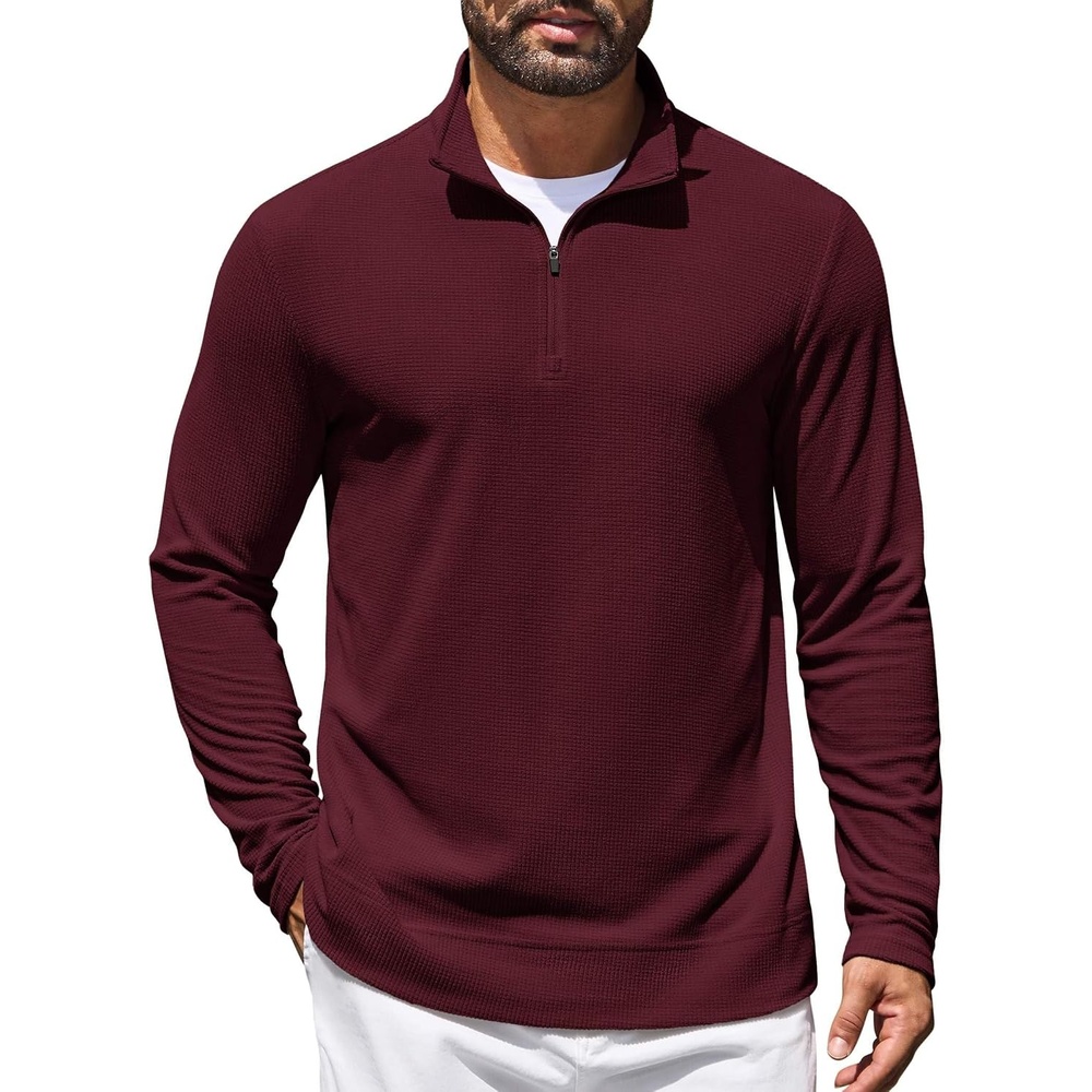 image:imageCOOFANDY Mens Quarter Zip Pullover Lightweight Waffle Mock Neck Sweatshirts 14 Zip Sweatshirt Breathable Waffle Texture Long Sleeve Solid Color Warm for Fall Winter Layering Daily Casual WearBurgundy