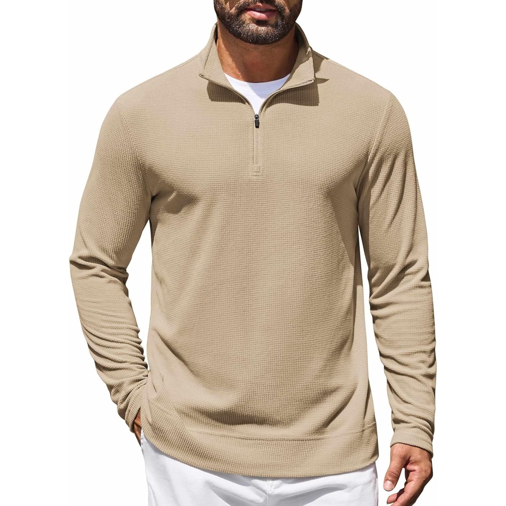 image:imageCOOFANDY Mens Quarter Zip Pullover Lightweight Waffle Mock Neck Sweatshirts 14 Zip Sweatshirt Breathable Waffle Texture Long Sleeve Solid Color Warm for Fall Winter Layering Daily Casual WearKhaki