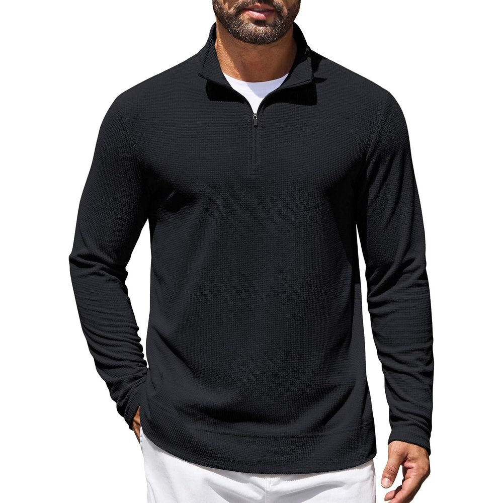 image:imageCOOFANDY Mens Quarter Zip Pullover Lightweight Waffle Mock Neck Sweatshirts  14 Zip Sweatshirt Breathable Waffle Texture Long Sleeve Solid Color Warm for Fall Winter Layering Daily Casual WearBlack