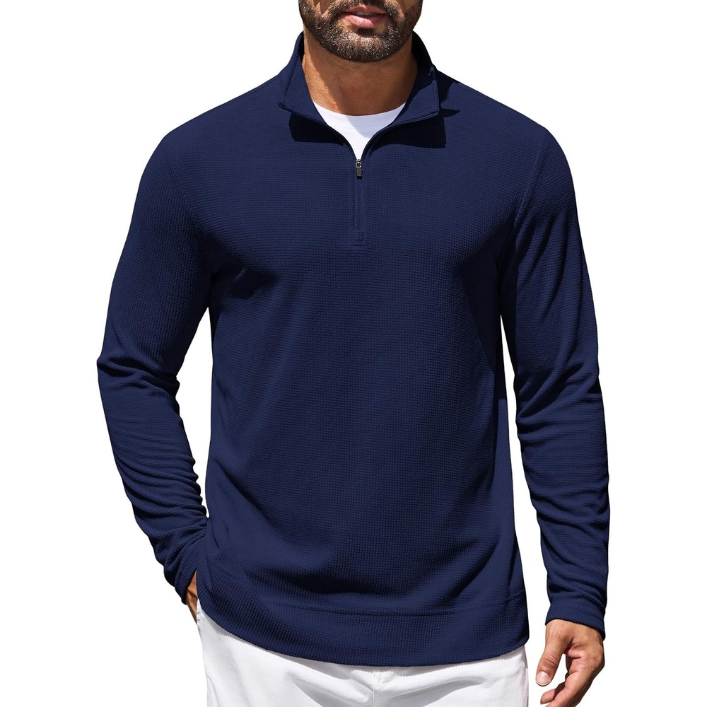 image:imageCOOFANDY Mens Quarter Zip Pullover Lightweight Waffle Mock Neck Sweatshirts 14 Zip Sweatshirt Breathable Waffle Texture Long Sleeve Solid Color Warm for Fall Winter Layering Daily Casual WearNavy Blue