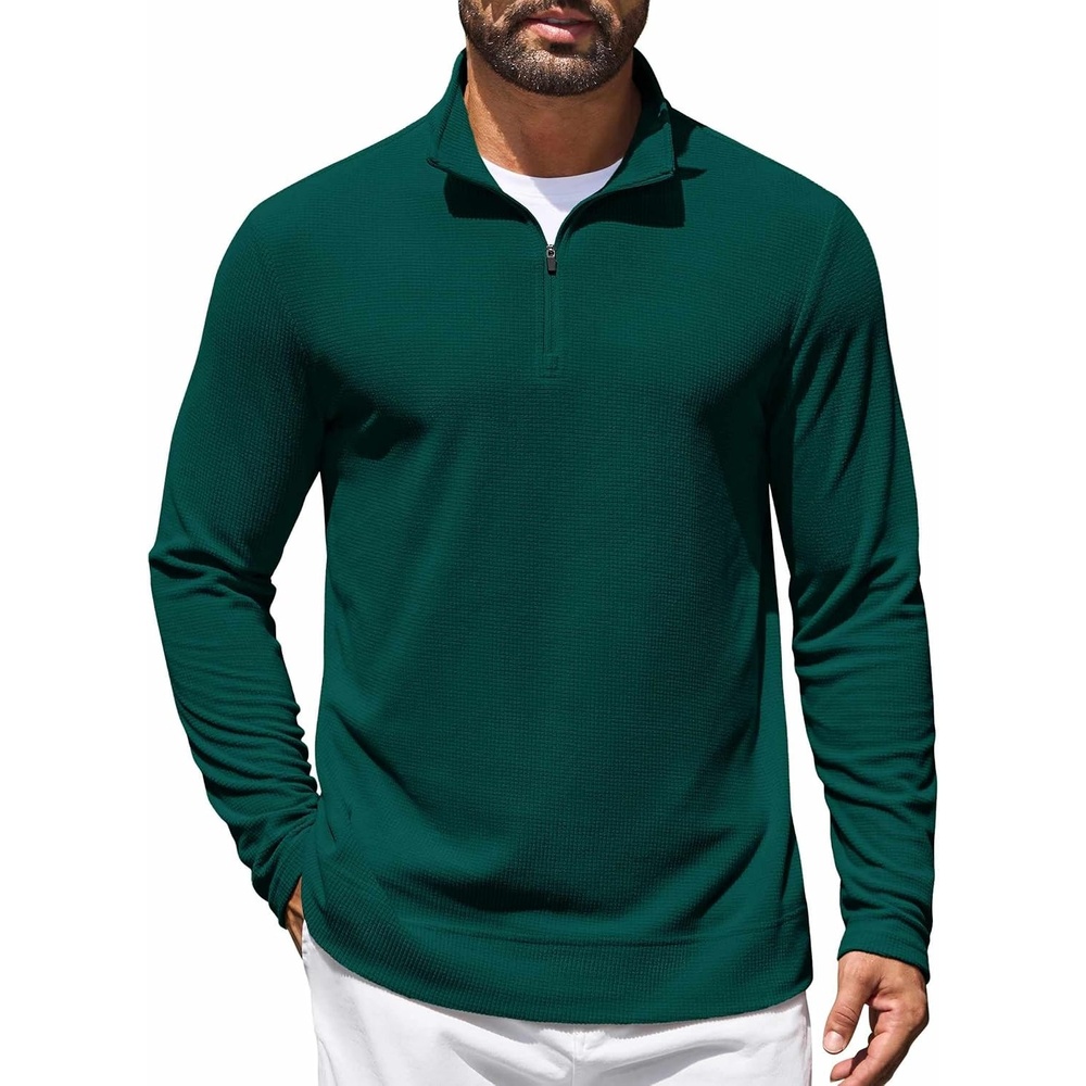 image:imageCOOFANDY Mens Quarter Zip Pullover Lightweight Waffle Mock Neck Sweatshirts 14 Zip Sweatshirt Breathable Waffle Texture Long Sleeve Solid Color Warm for Fall Winter Layering Daily Casual WearDark Green