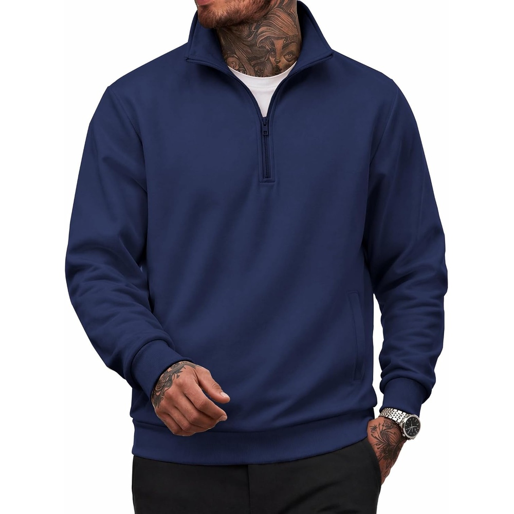 image:imageCOOFANDY Mens Quarter Zip Pullover Sweatshirt Fleece Mock Neck with Pocket Quarter Zip Mock Neck Collar Cotton Fleece Lined Side Pocket Long Sleeve Business Casual Office Wear Fall WinterNavy Blue