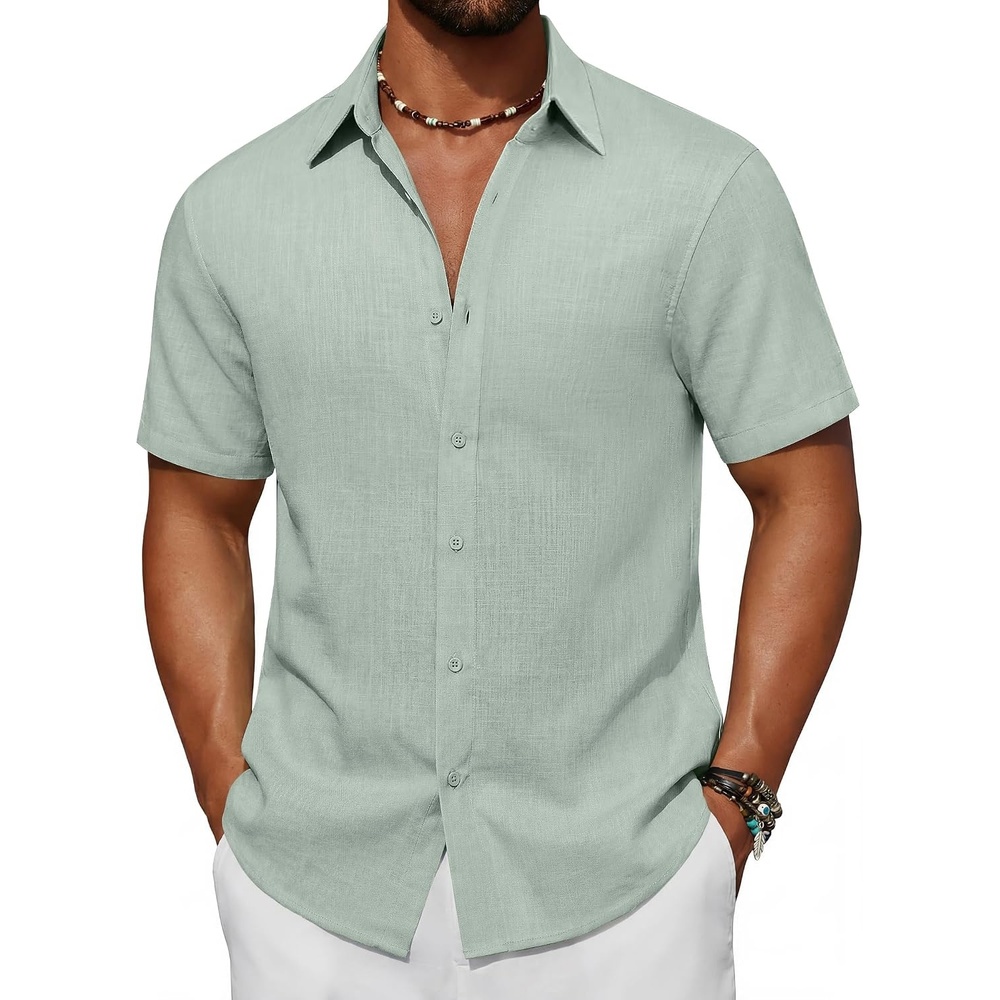 image:imageCOOFANDY Mens Short Sleeve Button Down Shirt Casual Cotton Beach Shirts Lightweight ShirtsBreathableWrinkleResistantMachine WashableBeach DaysSummerVacationCruiseTravelWeddingEventsLight Green