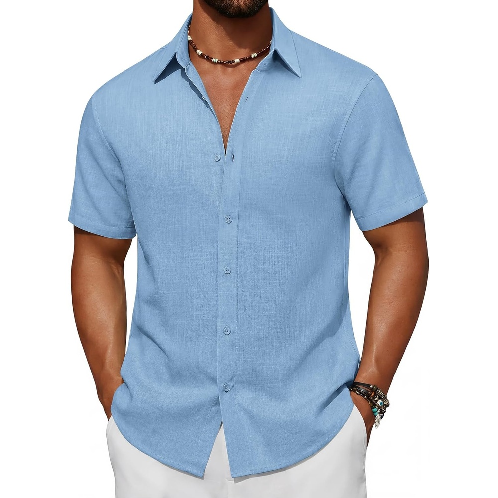 image:imageCOOFANDY Mens Short Sleeve Button Down Shirt Casual Cotton Beach Shirts Lightweight ShirtsBreathableWrinkleResistantMachine WashableBeach DaysSummerVacationCruiseTravelWeddingEventsBlue