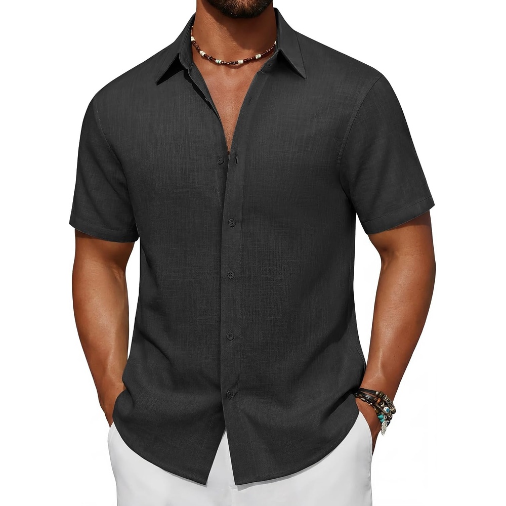 image:imageCOOFANDY Mens Short Sleeve Button Down Shirt Casual Cotton Beach Shirts Lightweight ShirtsBreathableWrinkleResistantMachine WashableBeach DaysSummerVacationCruiseTravelWeddingEventsBlack