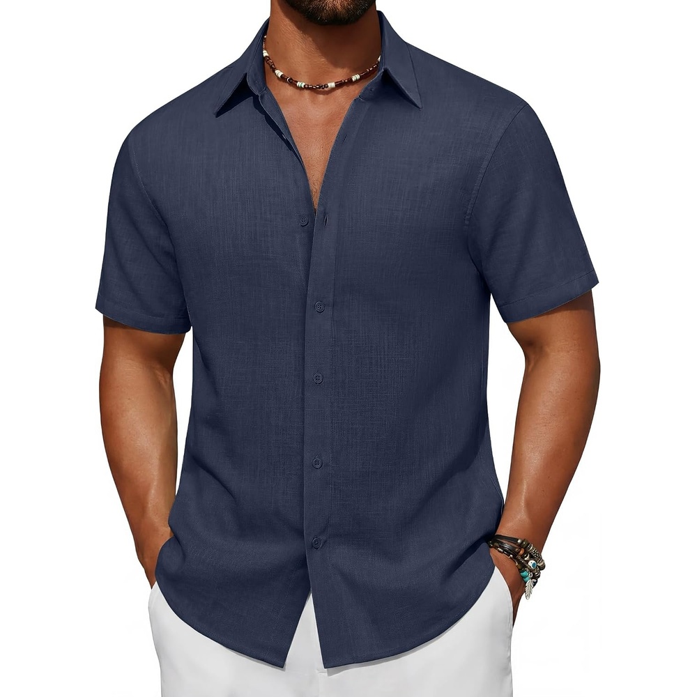 image:imageCOOFANDY Mens Short Sleeve Button Down Shirt Casual Cotton Beach Shirts Lightweight ShirtsBreathableWrinkleResistantMachine WashableBeach DaysSummerVacationCruiseTravelWeddingEventsNavy Blue