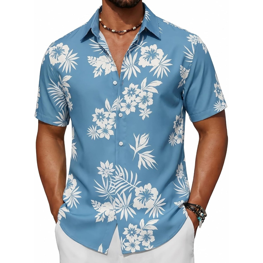 image:imageCOOFANDY Mens Short Sleeve Button Down Shirt Casual Cotton Beach Shirts Lightweight ShirtsBreathableWrinkleResistantMachine WashableBeach DaysSummerVacationCruiseTravelWeddingEventsBluewhite Flower