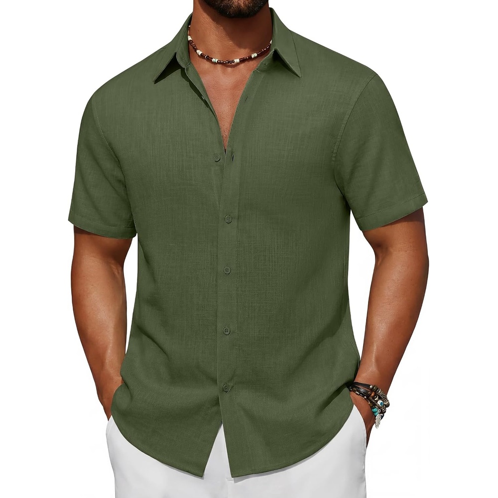 image:imageCOOFANDY Mens Short Sleeve Button Down Shirt Casual Cotton Beach Shirts  Lightweight ShirtsBreathableWrinkleResistantMachine WashableBeach DaysSummerVacationCruiseTravelWeddingEventsArmy Green