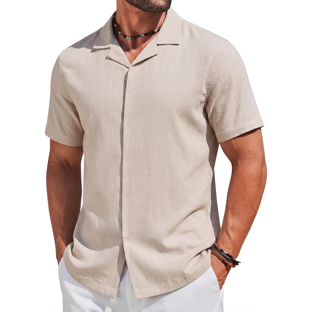 image:imageCOOFANDY Mens Short Sleeve Button Down Shirts Casual Cuban Collar Shirt  100 CottonBeach Summer HolidayCuban StyleBeige