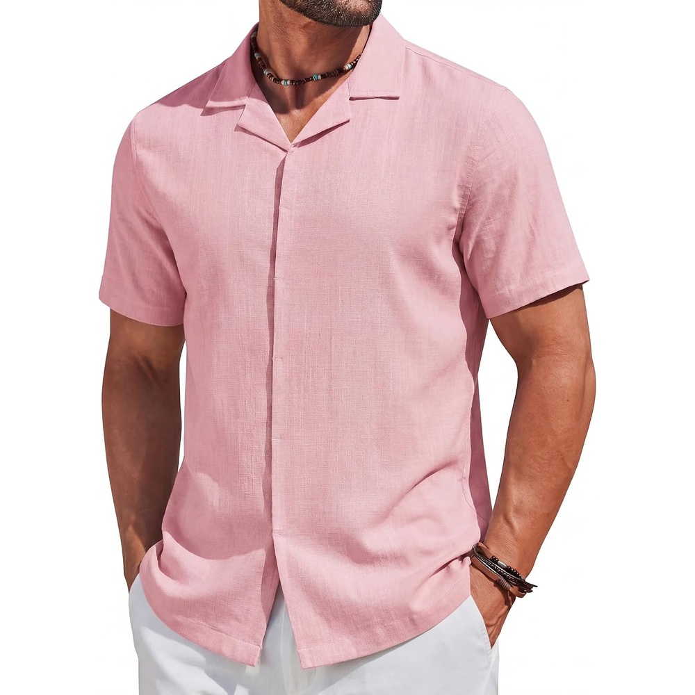 image:imageCOOFANDY Mens Short Sleeve Button Down Shirts Casual Cuban Collar Shirt 100 CottonBeach Summer HolidayCuban StylePink