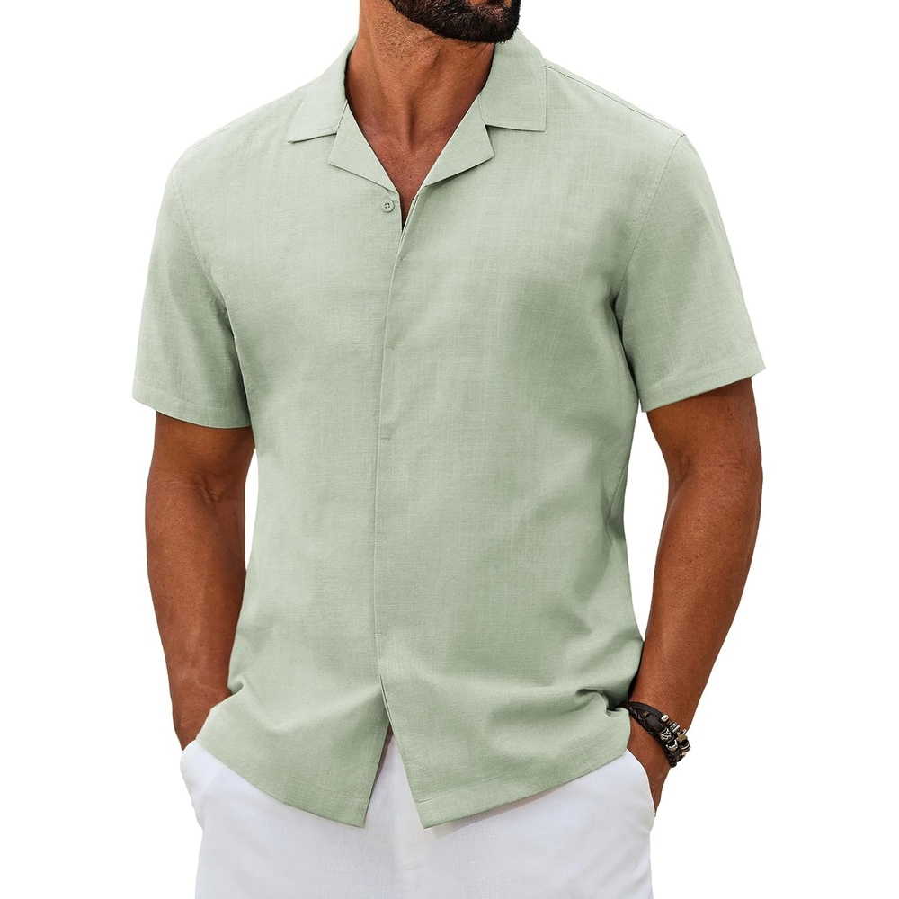 image:imageCOOFANDY Mens Short Sleeve Button Down Shirts Casual Cuban Collar Shirt 100 CottonBeach Summer HolidayCuban StyleSage Green