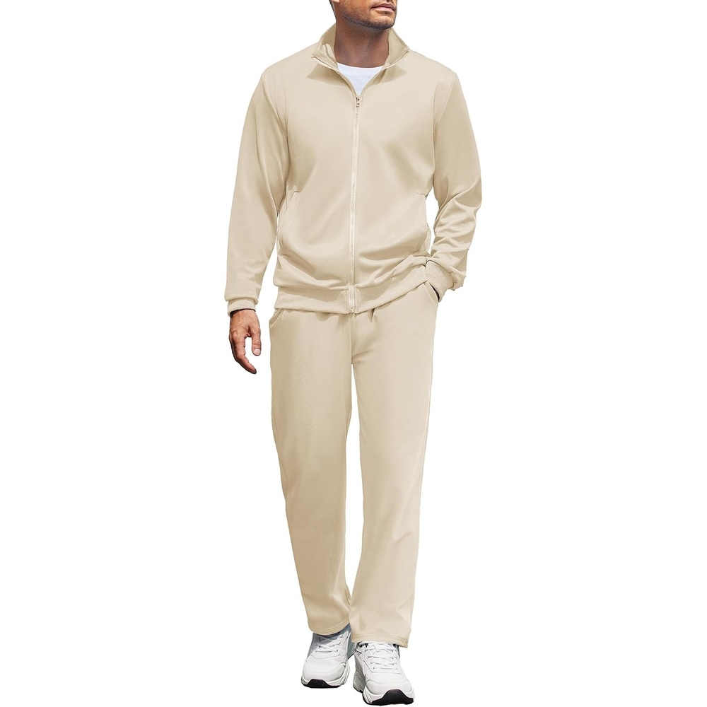 image:imageCOOFANDY Mens Tracksuit Casual Sweatsuit 2 Piece Full Zip Jogging Suit Set  Full Zip TrackSuit Stand Collar Elastic Waist Drawstring 5 Pockets Casual Athletic Jogging Outfits Fall Sport Sweat SuitCream