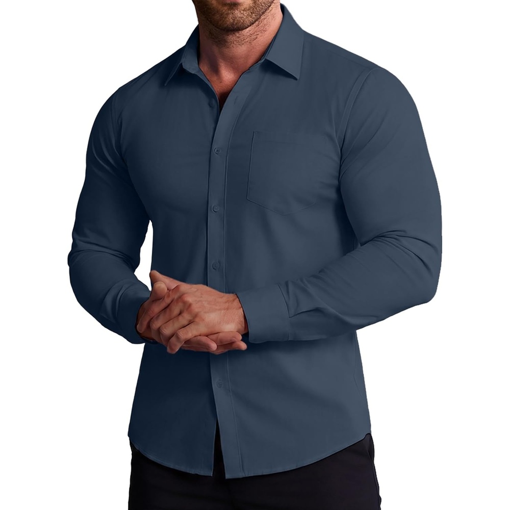 image:imageCOOFANDY Stretch Mens Dress Shirts Wrinkle Free Long Sleeve Dress Shirt Muscle Fit Button Down ShirtDark Blue