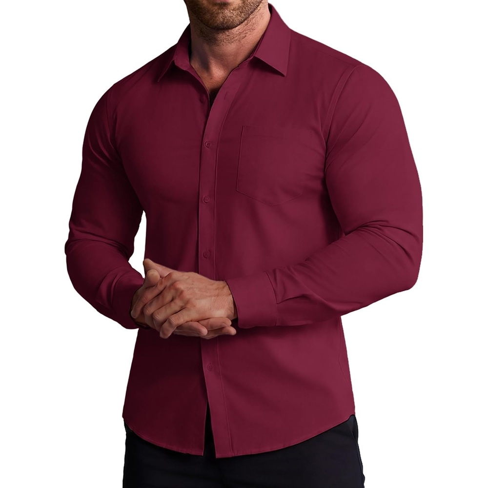 image:imageCOOFANDY Stretch Mens Dress Shirts Wrinkle Free Long Sleeve Dress Shirt Muscle Fit Button Down ShirtDark Red