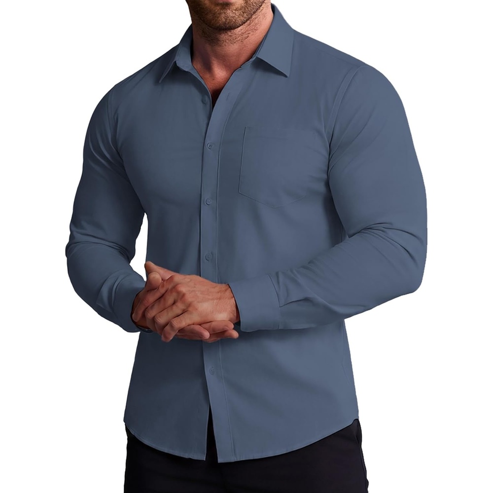 image:imageCOOFANDY Stretch Mens Dress Shirts Wrinkle Free Long Sleeve Dress Shirt Muscle Fit Button Down ShirtDenim Blue