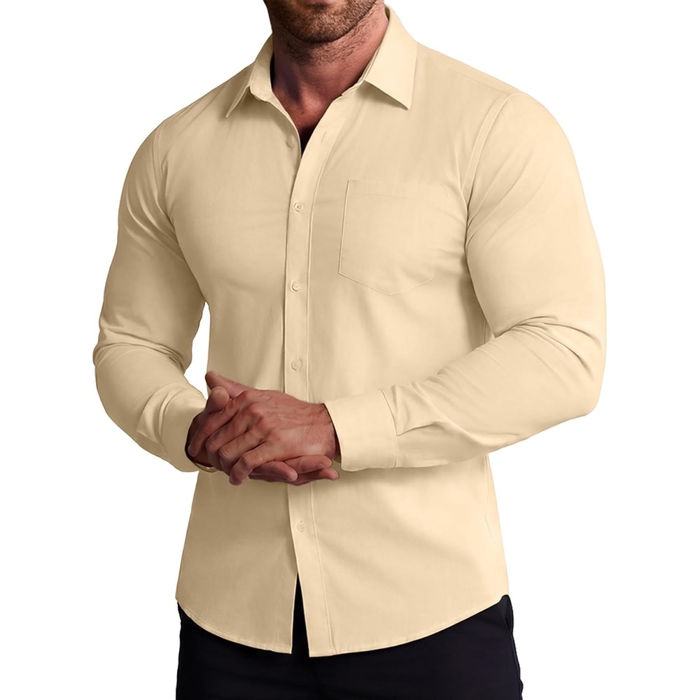 image:imageCOOFANDY Stretch Mens Dress Shirts Wrinkle Free Long Sleeve Dress Shirt Muscle Fit Button Down ShirtLight Khaki