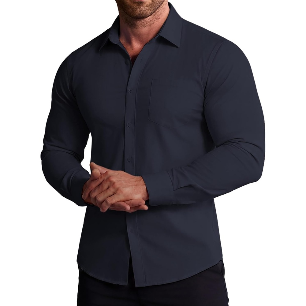 image:imageCOOFANDY Stretch Mens Dress Shirts Wrinkle Free Long Sleeve Dress Shirt Muscle Fit Button Down ShirtNavy Blue