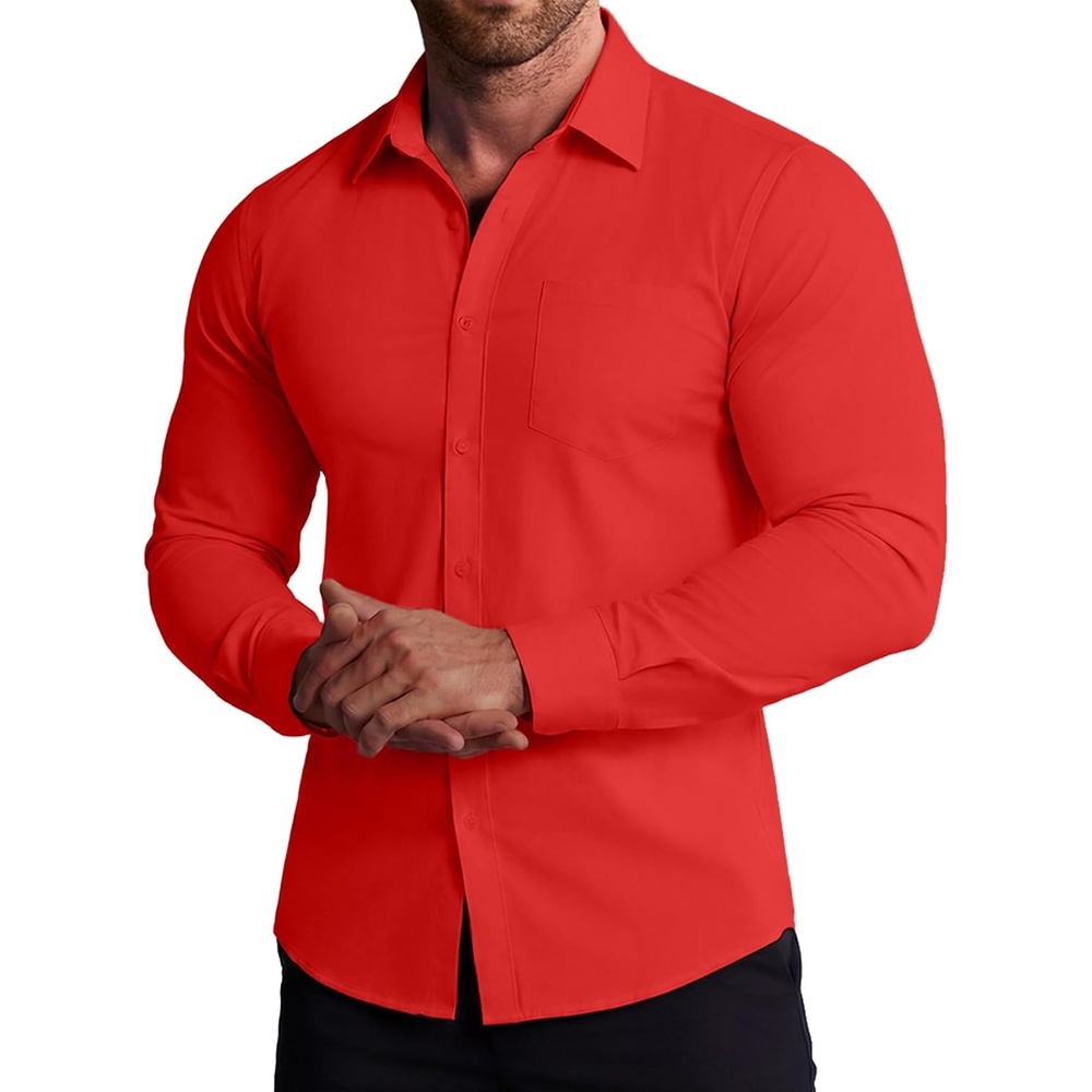 image:imageCOOFANDY Stretch Mens Dress Shirts Wrinkle Free Long Sleeve Dress Shirt Muscle Fit Button Down ShirtRed