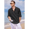 COOFANDY Men’s Cotton Linen Henley T-Shirts Long Sleeve Casual Beach Shirts | Mens Linen Shirt,Regular Relaxed Fit,Lightweight,Breathable,and Moisture-wicking for Beach,Vacation or Everyday Summer Wear(Black)