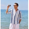 COOFANDY Men’s Cotton Linen Henley T-Shirts Long Sleeve Casual Beach Shirts | Mens Linen Shirt,Regular Relaxed Fit,Lightweight,Breathable,and Moisture-wicking for Beach,Vacation or Everyday Summer Wear(Dark Blue Stripes)