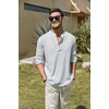COOFANDY Men’s Cotton Linen Henley T-Shirts Long Sleeve Casual Beach Shirts | Mens Linen Shirt,Regular Relaxed Fit,Lightweight,Breathable,and Moisture-wicking for Beach,Vacation or Everyday Summer Wear(Blue Pinstripe)