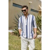 COOFANDY Men’s Cotton Linen Henley T-Shirts Long Sleeve Casual Beach Shirts | Mens Linen Shirt,Regular Relaxed Fit,Lightweight,Breathable,and Moisture-wicking for Beach,Vacation or Everyday Summer Wear(Dark Blue Stripes)