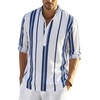 COOFANDY Men’s Cotton Linen Henley T-Shirts Long Sleeve Casual Beach Shirts | Mens Linen Shirt,Regular Relaxed Fit,Lightweight,Breathable,and Moisture-wicking for Beach,Vacation or Everyday Summer Wear(Dark Blue Stripes)