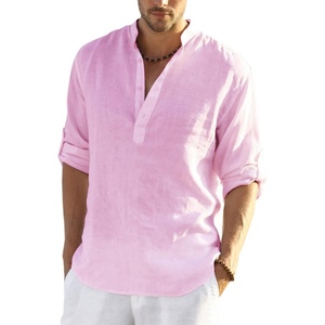 COOFANDY Men’s Cotton Linen Henley T-Shirts Long Sleeve Casual Beach Shirts | Mens Linen Shirt,Regular Relaxed Fit,Lightweight,Breathable,and Moisture-wicking for Beach,Vacation or Everyday Summer Wear(Pink)