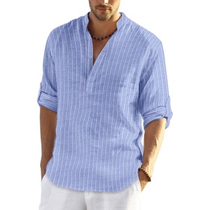 COOFANDY Men’s Cotton Linen Henley T-Shirts Long Sleeve Casual Beach Shirts | Mens Linen Shirt,Regular Relaxed Fit,Lightweight,Breathable,and Moisture-wicking for Beach,Vacation or Everyday Summer Wear(Blue Striped)